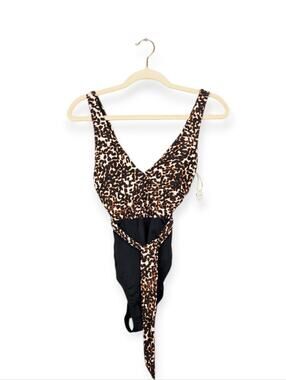Mynah One Piece Swimsuit XS Black Leopard Print V Neck Swimwear NWT